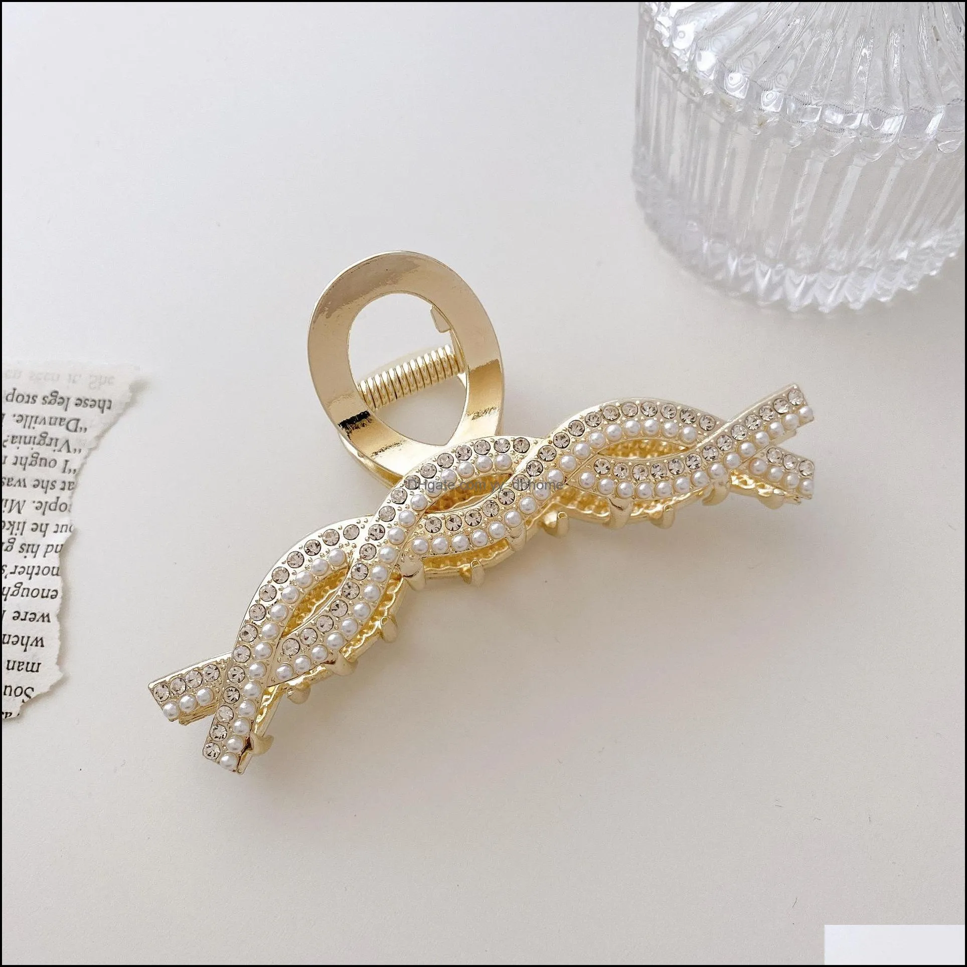 female pearl crystal cross twist shape hair clamps large size gold alloy hair claw clips girls head wear ponytail hairpins scrunchies jewelry length 11