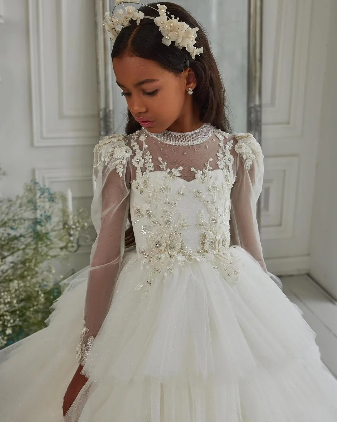 Princess A Line Communion Dress With Train With Tiered Skirt For