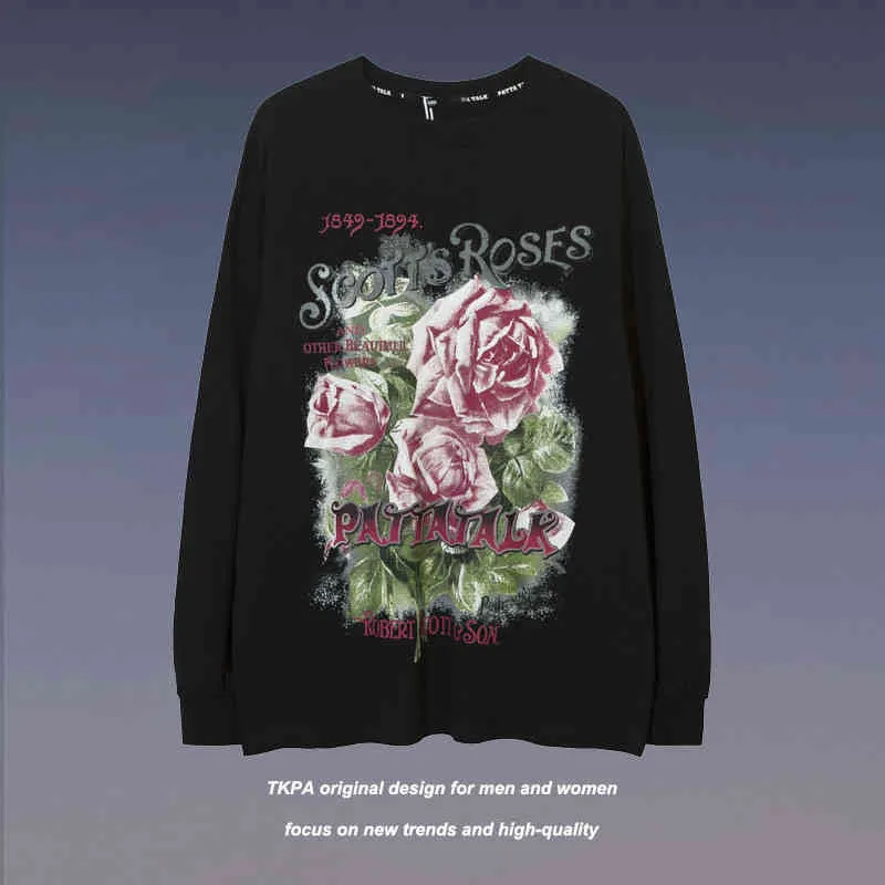 Sweats à capuche pour femmes Sweatshirts Tkpa High Street Dark Wind Rose Imprimer T-shirt à manches longues pour hommes et femmes Ins Fashion Brand Oversize Loose Sweater