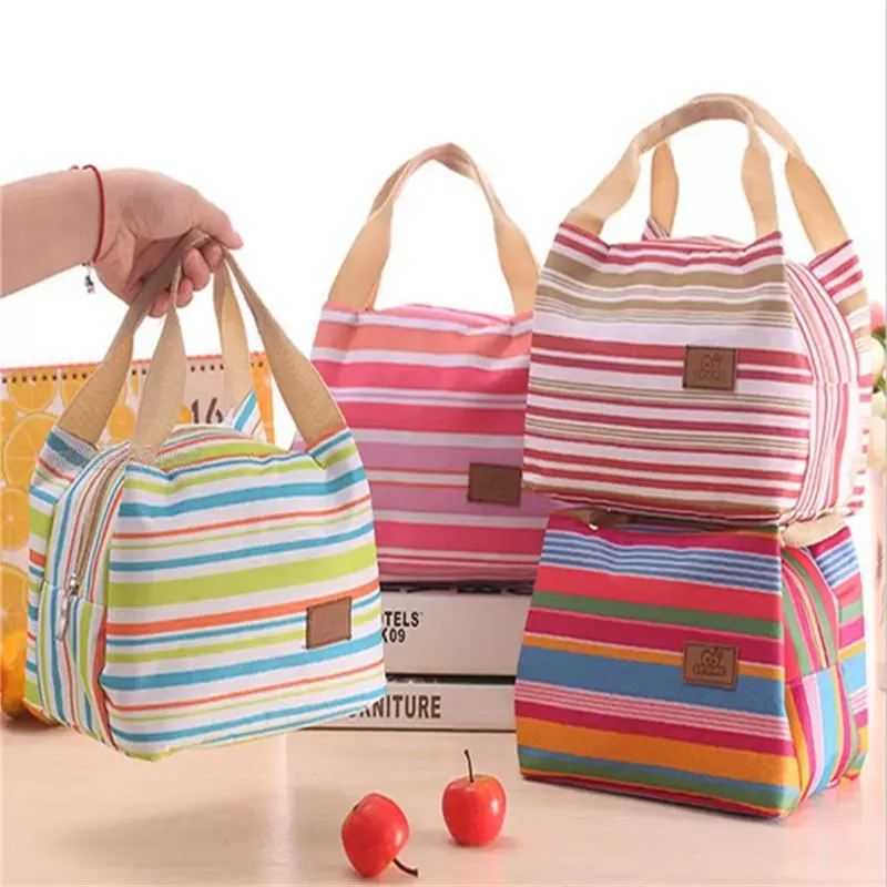 Lunch Totes Bag Thermal Insulated Portable Cool Canvas Stripe Carry Case Picnic high quality