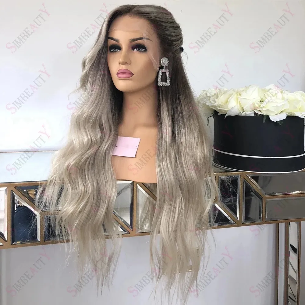 Longue vague naturelle cendré gris blond Ombre cheveux humains 13X6 dentelle avant perruque sans colle ondulé frontal perruques platine 13x4 cheveux vierges