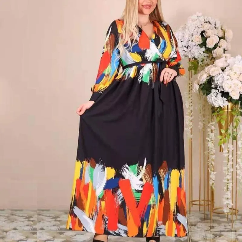 Casual Dresses 2022 Printed Wave Point Flower Print Long Sleeve V-neck Maxi Women Party Vacation Outfits Fall Fashion XXL