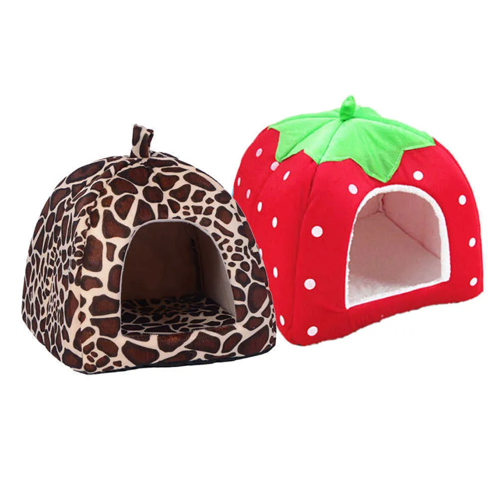 Питомник Складная мягкая зимняя леопардовая кровать для собак Strawberry Cave Dog House Cute Nest Fleece Cat Housethe