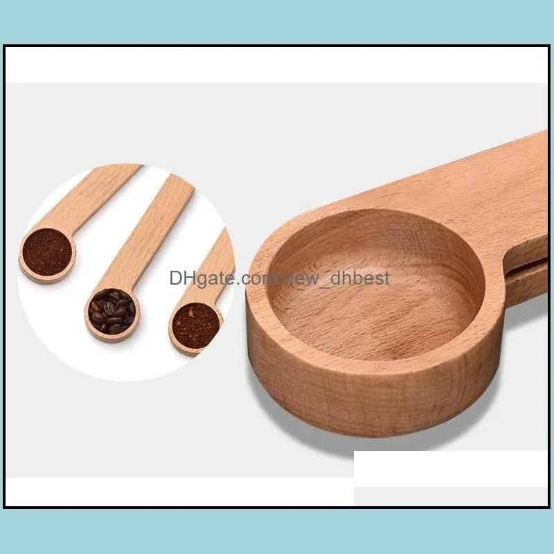Wooden Coffee Spoon With Bag Clip Tablespoon Solid Beech Wood Measuring Scoop Tea Coffee-Bean Scoops Clips Gift RRE12403