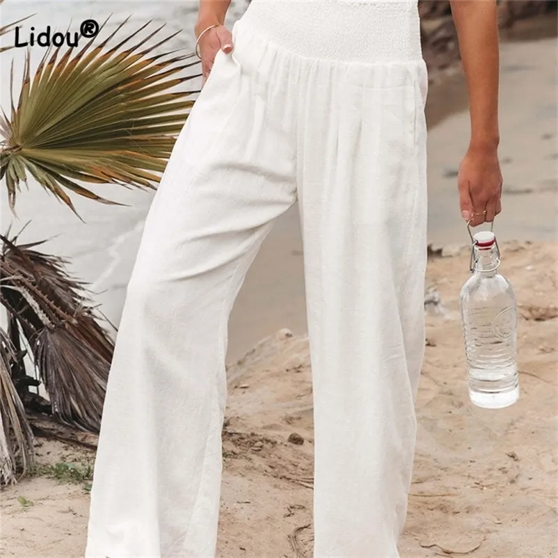 Spring Summer for Women Women Pants Office Lady Cotton Linen Pockets Solid Loose Casual White Wide Leg Long Trousers 220815