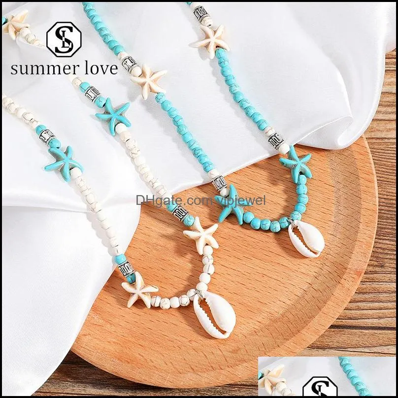 Pendant Necklaces Pendants Jewelry Trendy Starfish Shell Necklace Green White Nature Stone Chain Cho Dhrbq