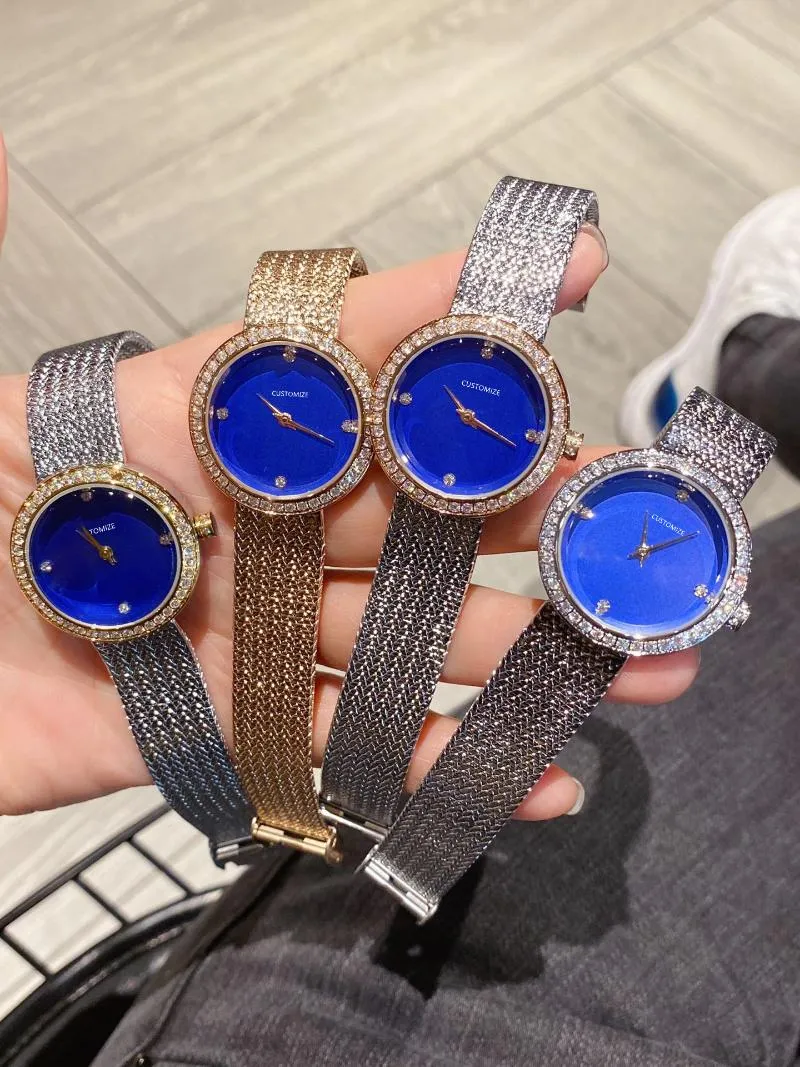 Relojes de pulsera para mujer, círculo redondo, 4 diamantes, esfera azul, hebilla de malla de acero inoxidable, reloj de pulsera con cierre magnético satinado, relojes de pulsera