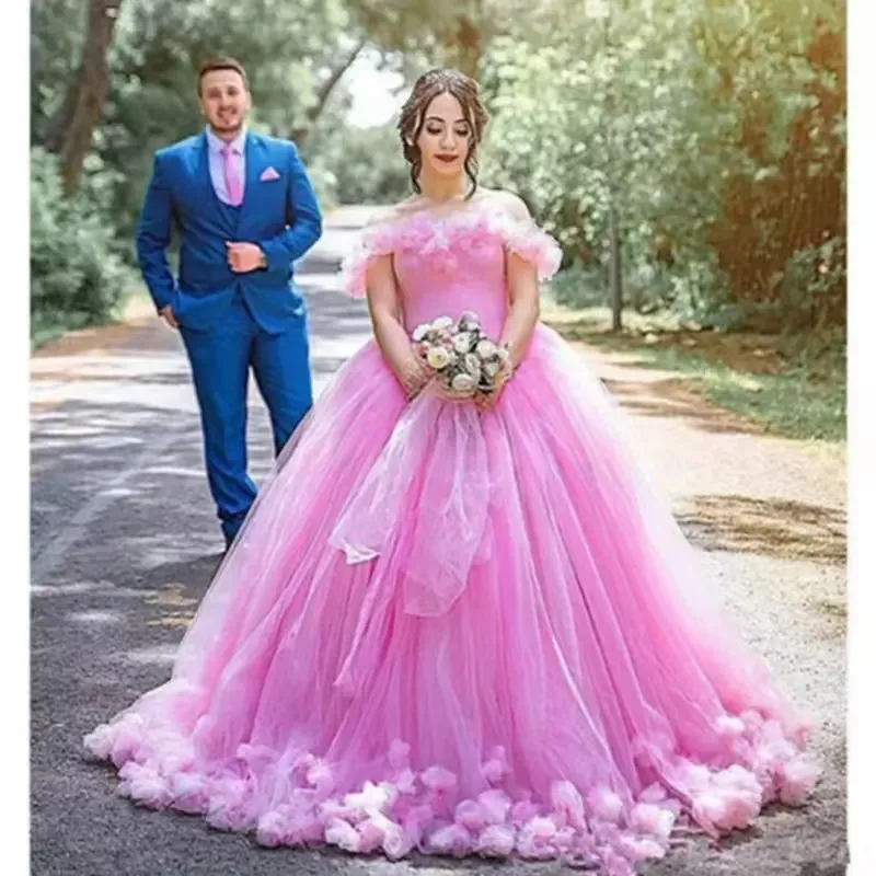 Off Shoulder Quinceanera Dresses Ball Gown Pink Tulle Sweet 16 Puffy Prom Dress Vestido de Fiesta