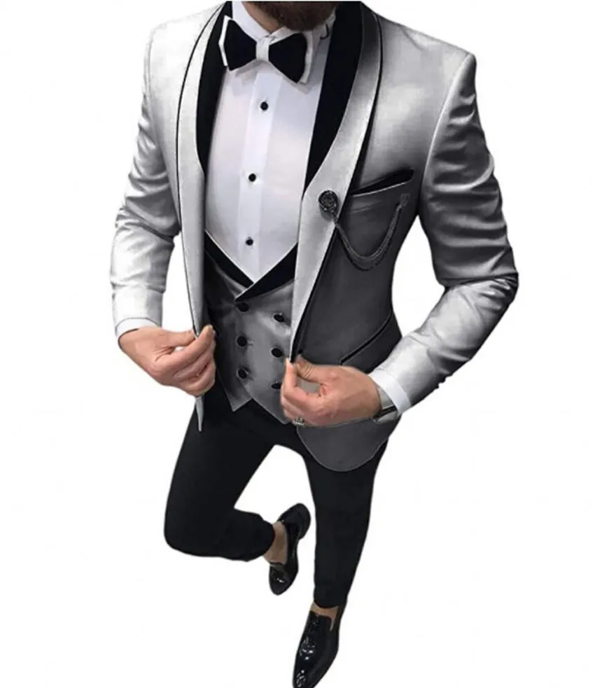 Novo noivo cinza claro Tuxedos Shawl Lapela Slim Fit Groomsmen Vestido de noiva Excelente jaqueta homem Blazer de 3 peças de traje de calça de traje 1298