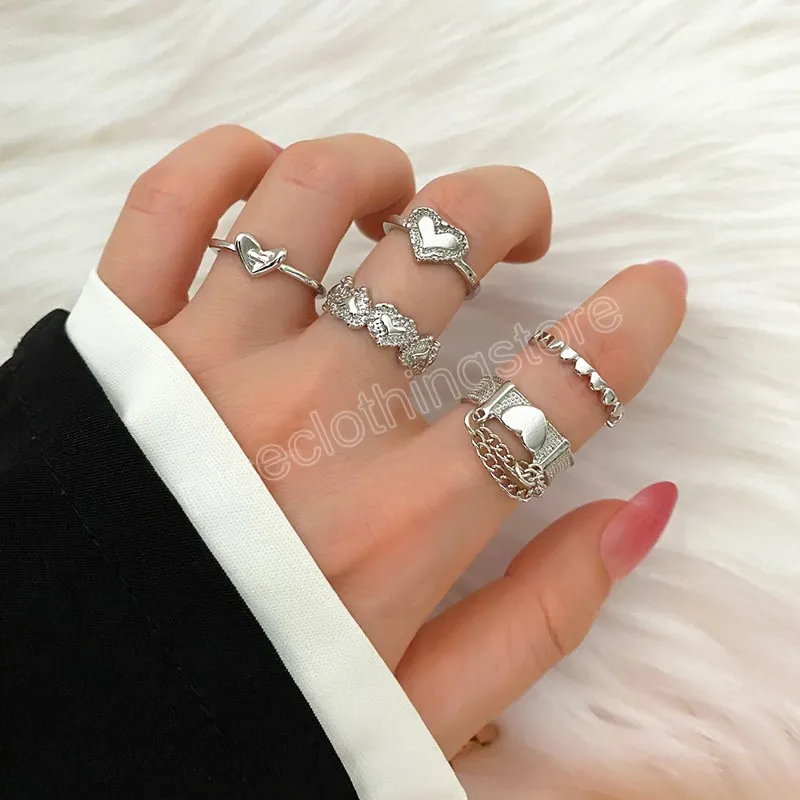 Korea älskar hjärtring set personlighet temperament zirkon silver färg geometriska ringar för kvinnor mode goth smycken