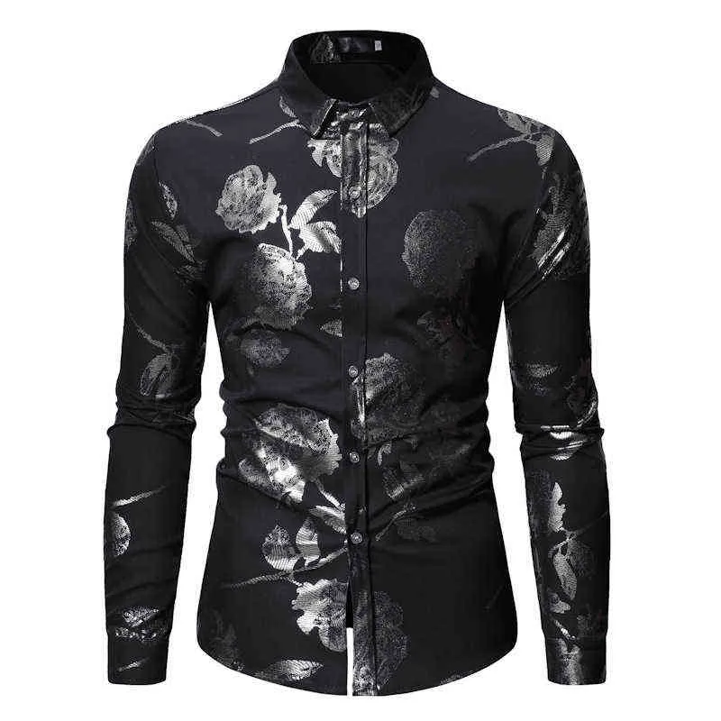 Mens Nightclub Prom Shirts Hipster Rose Floral Print Slim Fit Button Down Party Dress Shirt Men Wedding Tuxedo Shirt Man Chemise L220704