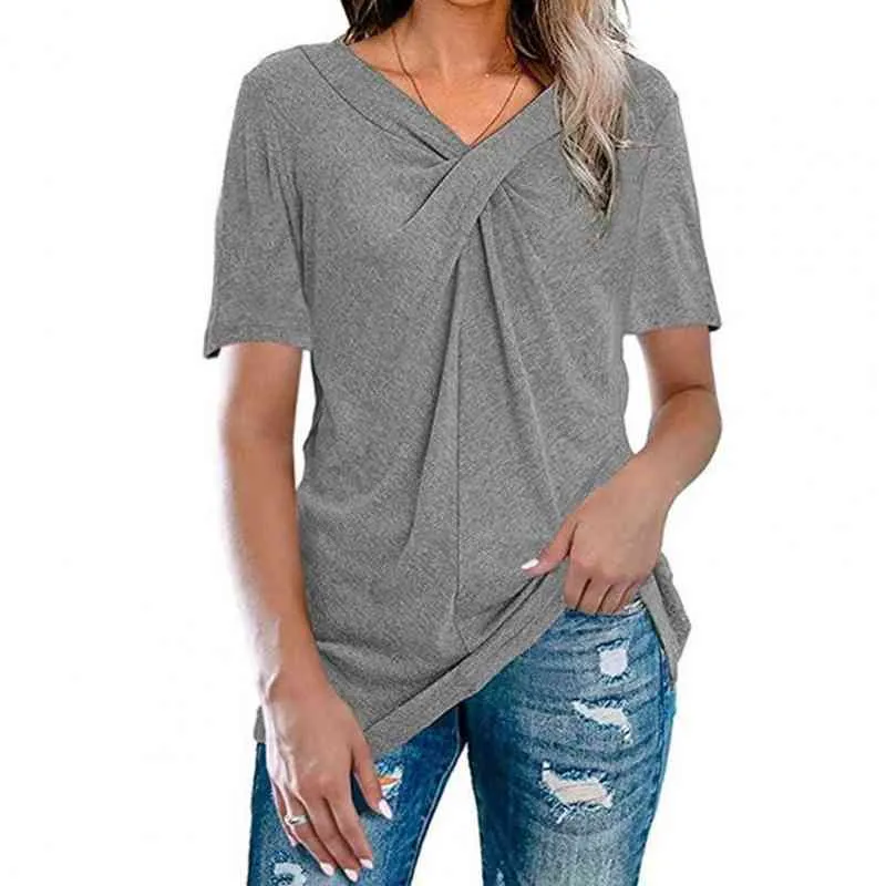 Vrouwen Casual Tops Cross Knoop Adempolyester Summer Summer Short Sleeve T-shirt voor Daily Street Wear Clothing L220705