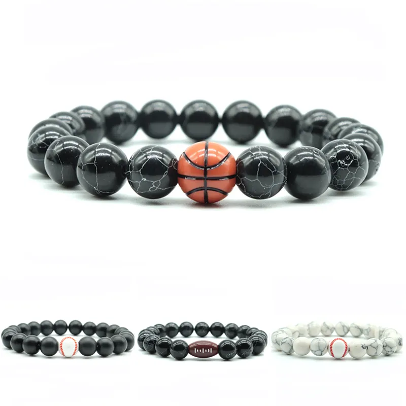 10mm Boncuklu Strands Bilezik Erkek Spor Salonu Beyzbol Basketbol Rugby Futbol Turkuaz Yuvarlak Boncuk Spor Bilezik Hediyeler Moda Doğal Taş Takı Aksesuarları