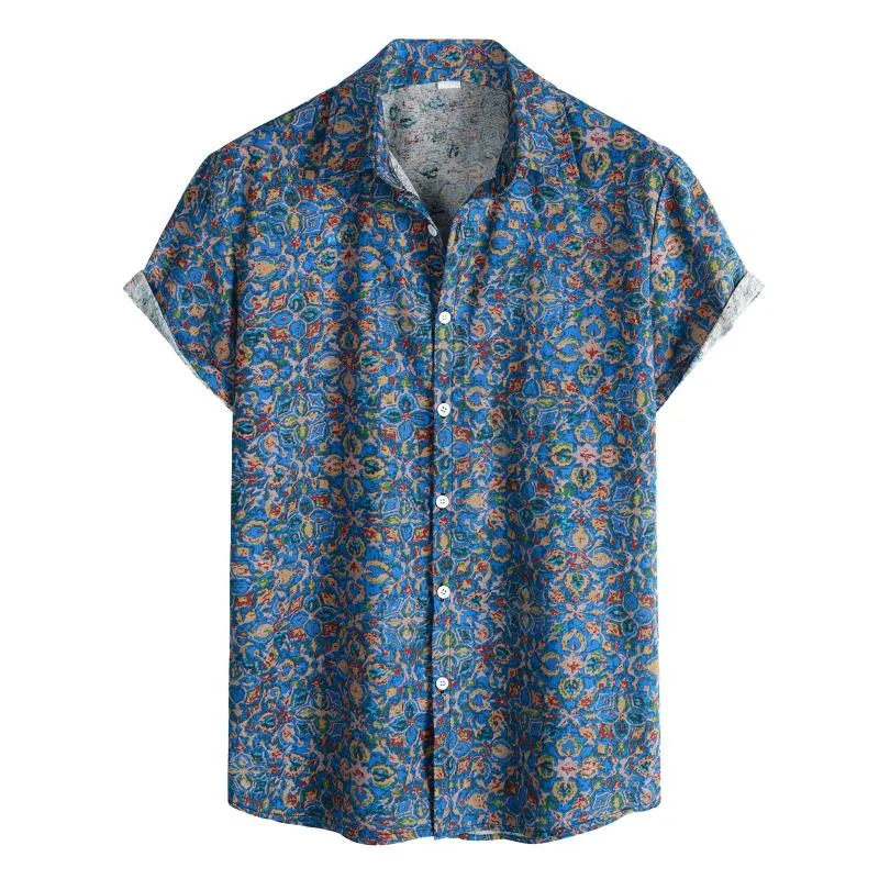 Camisas casuales de hombres blusa para hombres lino de algodón estampado étnico de manga de verano
