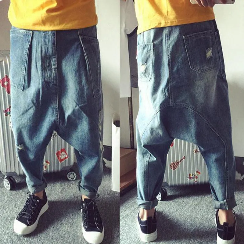 Pantaloni da uomo Jeans Uomo Versione coreana dell'uomo Esagerato Appeso Harem Street Dance Pantaloni scollati Hip Hop super grandiUomo