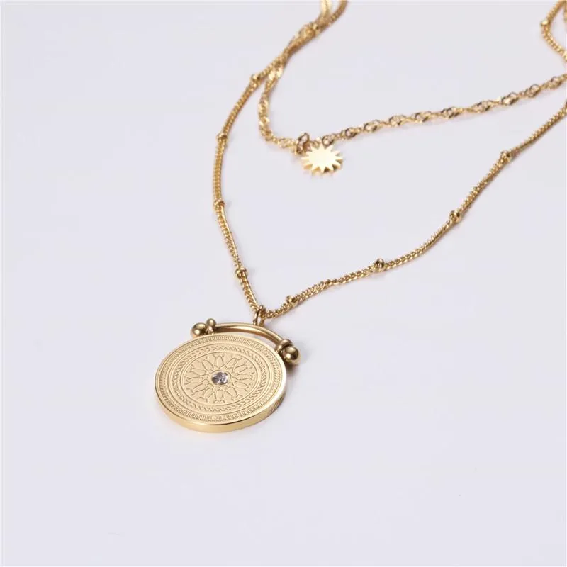 Pendant Necklaces Vintage Double Layers Stainless Steel Baroque Jewelry For Women Flower Texture Coin Plated 18k Gold WomenPendant