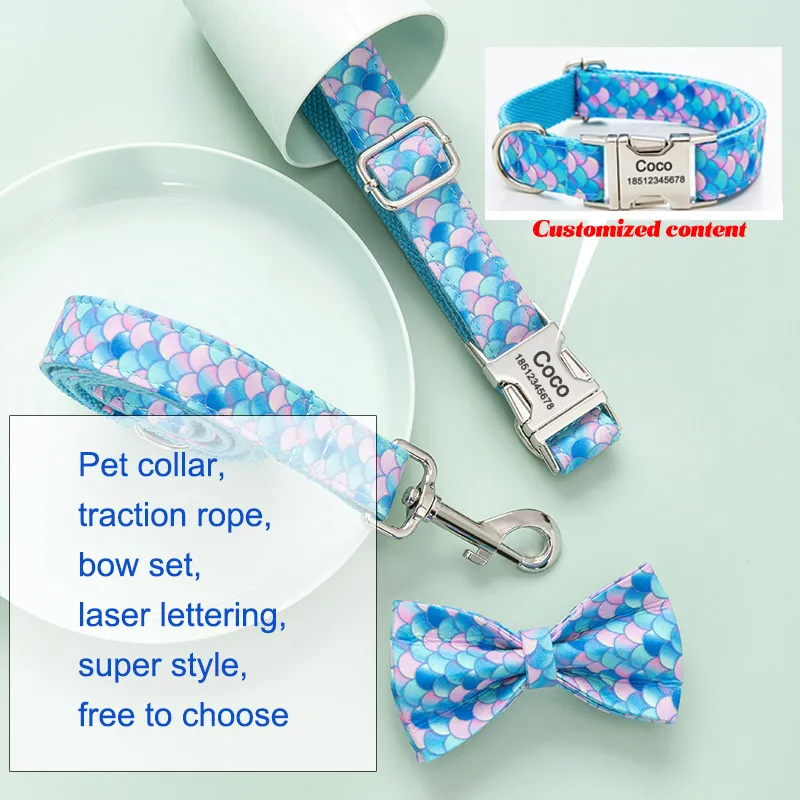 Laserinskription Pet Dog Collar Traction Rope Bow Suit Designer Stripe Printing Colorful Fature Fabric Custom Name 201030303030