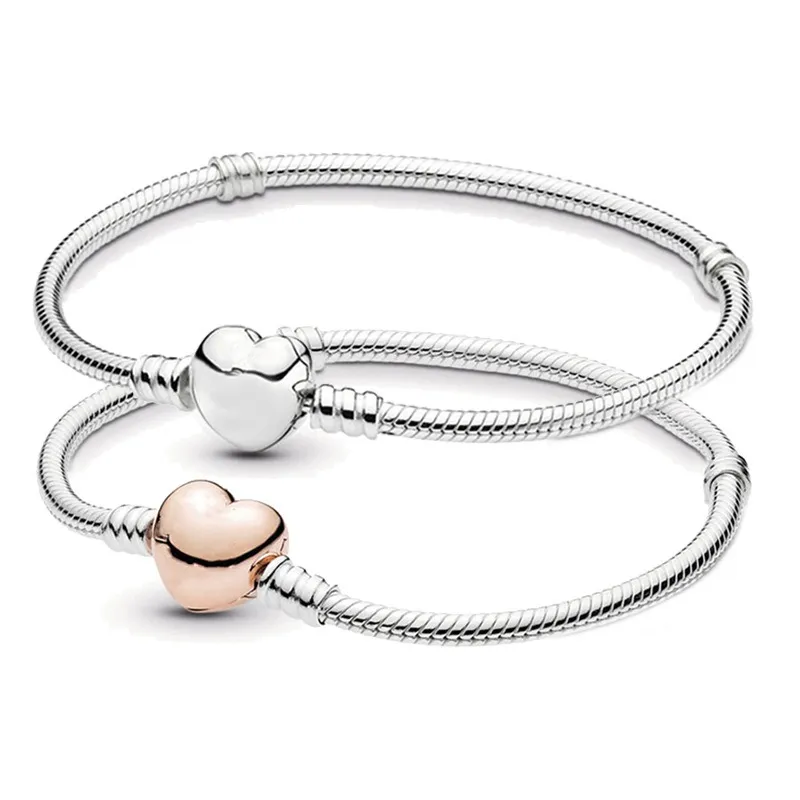 Atacado 16-21cm 925 Prata Coração Pulseira Rosa Ouro Cobra Cadeia Fecho Fit Contas Europeias Para Pandora Pulseira Charme Contas Pulseira Jóias Faça Você Mesmo