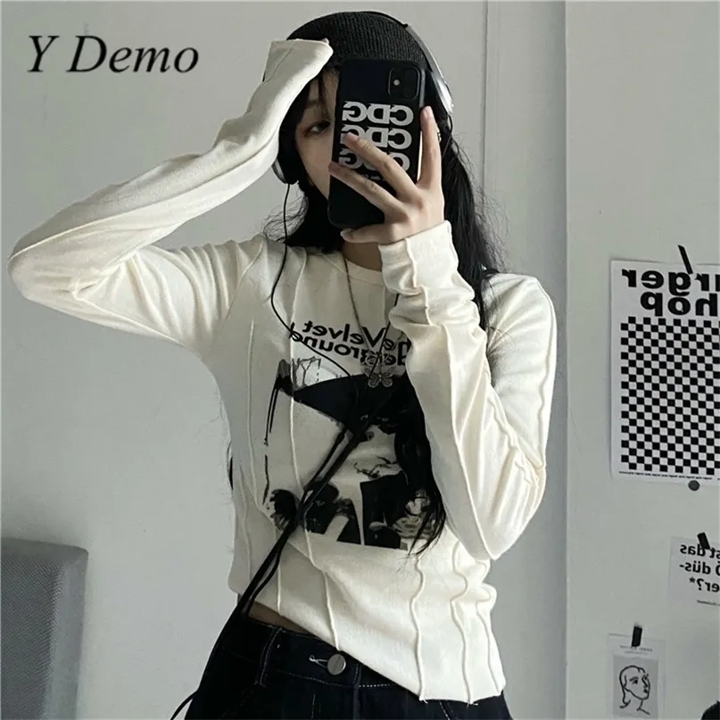 Y Demo Casual Slim T-shirt voor Dames O Neck Lange Mouw Grunge Letters Print Vrouwelijke Mode Kleding 220402