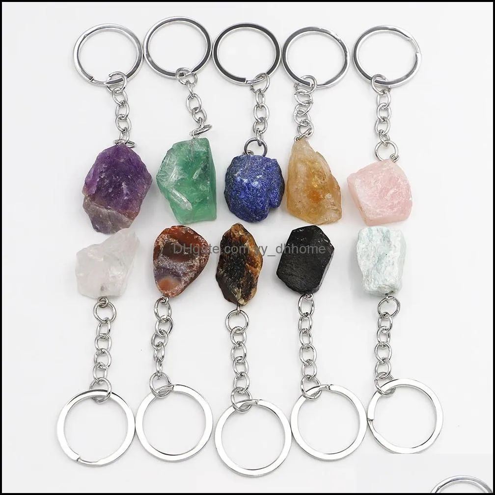 natural raw ore key chain ring gem quartz fluorite citrine amethyst irregular stone pendants keychian keyring diy jewelry making