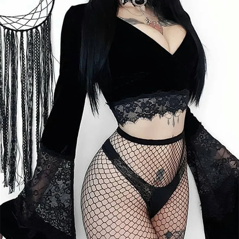 Ingoth Sexy Women Gothic Crop Top Flare Long Sleeve Lace Hollow Out Black T Shirt Retro Bodycon Female V Neck Topps Elegant Top 220407