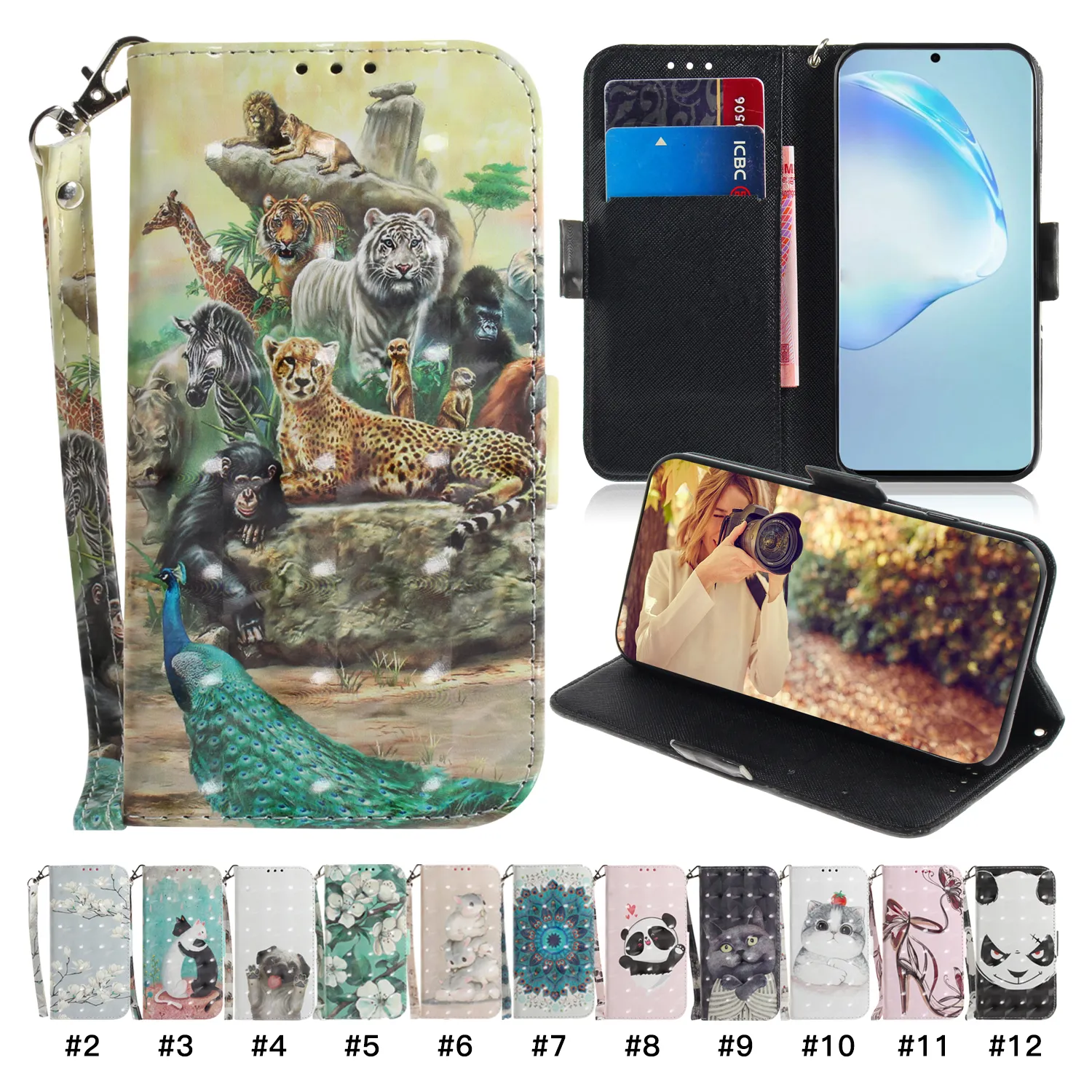 Plånbokstelefonfodral för Samsung Galaxy S22 S21 S20 Note20 Ultra Note10 Plus - 3D Färgglada målning PU -läder Dual Card Slots Flip Kickstand Cover Case