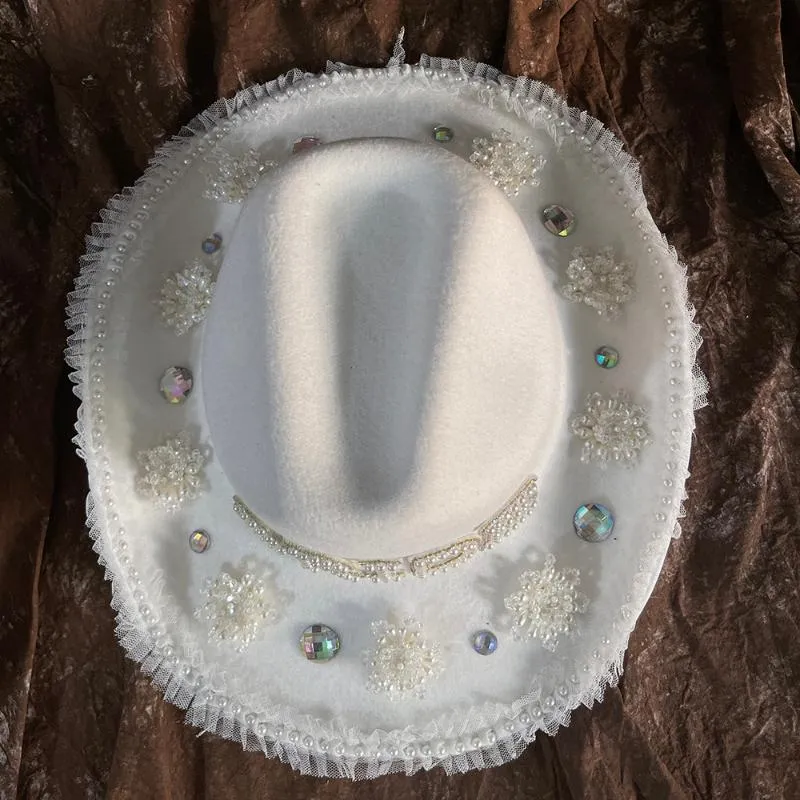 Beretten witte handgemaakte vrouwen wollen bruid cowboy hoed brede run bruids strass rhinestone western sombrero hombre fedora