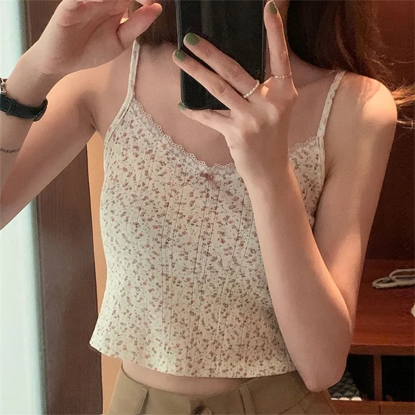 Nette Camis Floral Crop Top Frauen Sommer Spitze Trim Bogen Aushöhlen Prairie Chic Tops für Süße Mädchen Kawaii Kleidung 220607