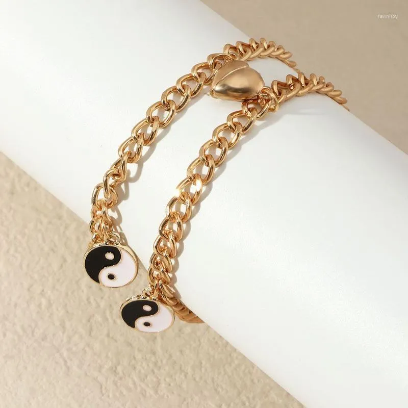 Catena a maglie 2 pezzi Regali Ciondolo in lega a forma di cuore Bracciale con magnete Yin Yang regolabile Braccialetti per coppie Bagua Fawn22