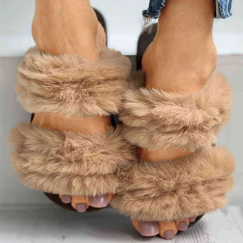 Huis harige vrouwen slippers trend pluche warme dames winterschoenen glijden op flats solide home sandalen vrouwen faux bont dia's platform G220730