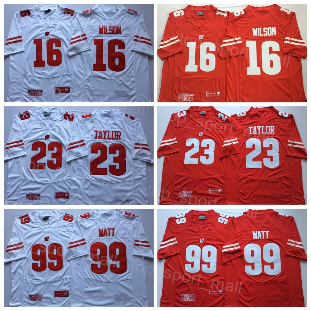 NCAA College Football Wisconsin Badgers Jersey 16 Russell Wilson 99 JJ Watt 23 Jonathan Taylor University alla sömmar Team Red White för sportfans andningsbara