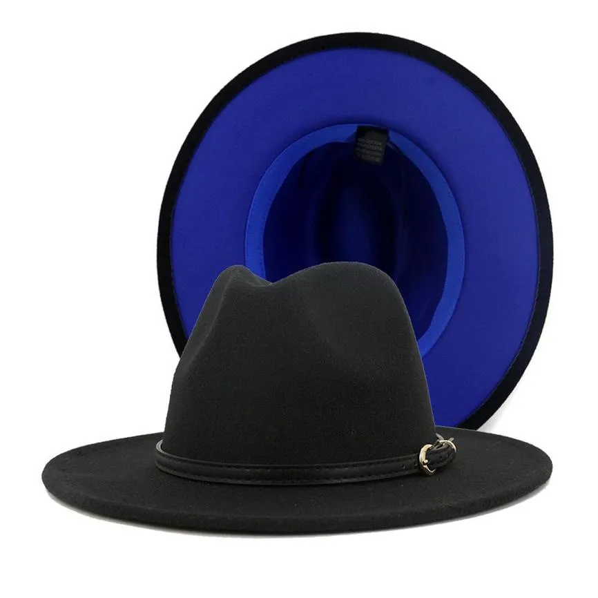 2020 Fashion Women Men Patchwork Artificial Wool Felt Fedora Hats with Belt Buckle Double-Sided Color Flat Brim Jazz Panama Cap307B
