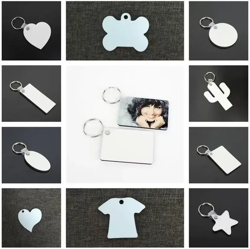 11 Styles Party Favor Sublimation Blank Keychain MDF Wooden Key Pendant Thermal Transfer Double-sided Ring White DIY Gift Key Chain sxaug08