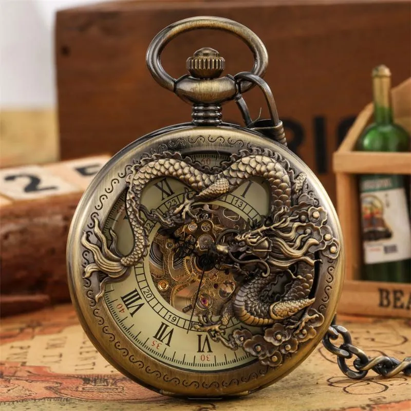 Orologi da taschino Bronzo Hollow Dragon Display Mezza orologio meccanico Fresco ciondolo antico Meccanismo manuale Orologio regalo UomoOrologi da tascaPocket