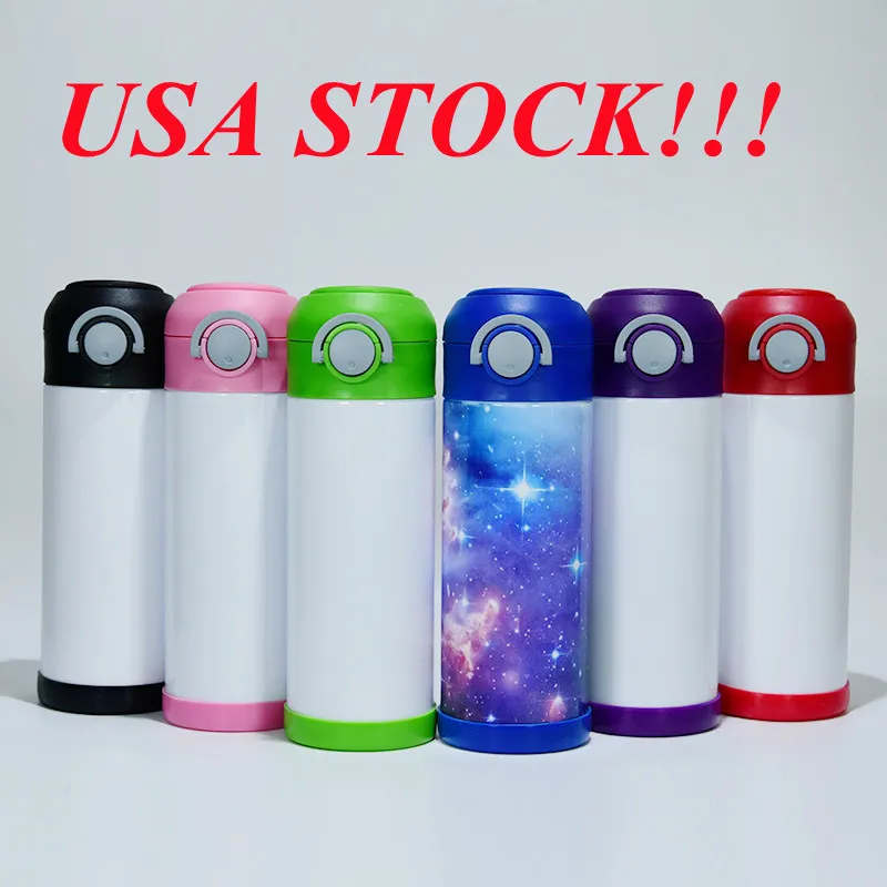 Local Warehouse sublimation kids bottle bounce lids with handle straight sippy cup 12oz kids watter bottle flip tops lids tumbler straw cups can be hung