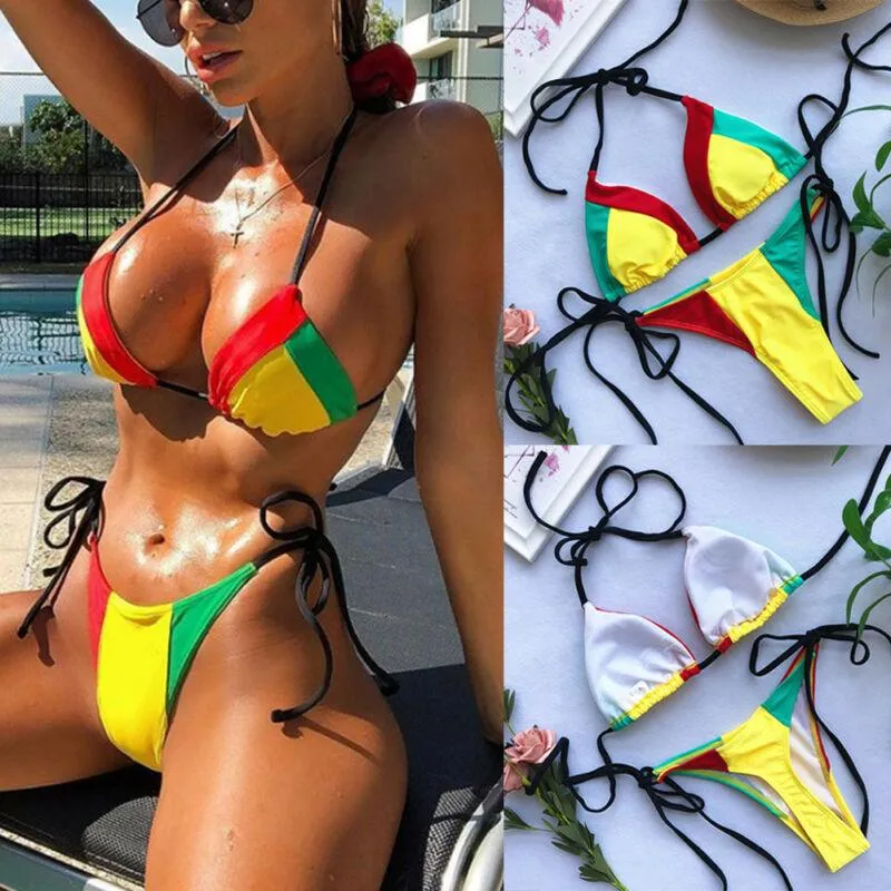 Women's Swimwear Womens Bikini Set Bandage Red Yellow Green Stitching Push-Up Padded Swimsuit Bathing Beach Pool Party For Girl Lover