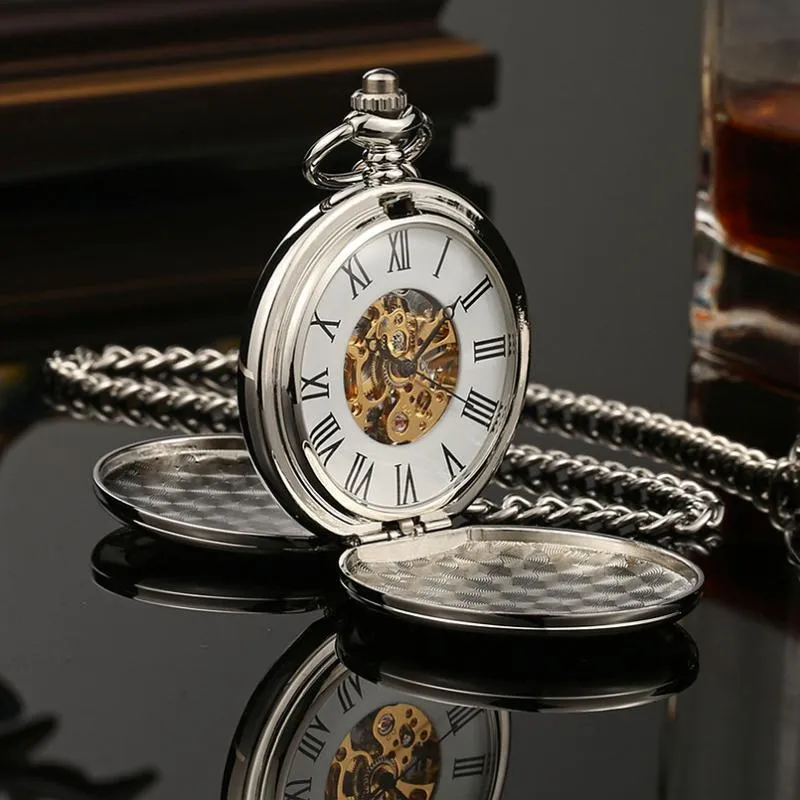 Montres de poche Main Vent Mécanique Hommes Montre Squelette Cadran Steampunk Collier Pendentif Vintage Robe Fob Pour Désherbage Cadeau