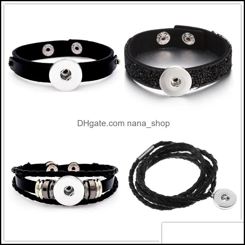 Fashion 4 styles Snaps Jewelry Black Pu Leather 18mm Snap Button Bracelet for women Snap Button Jewelry