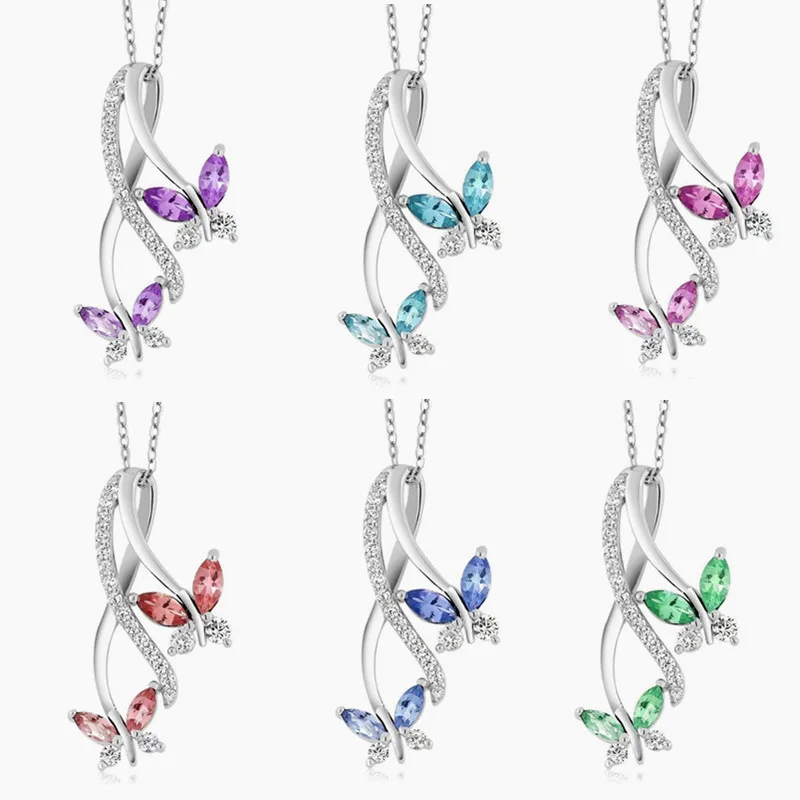 6 Color Amethyst Ruby Gem Stone King Blue Tanzanite Silver Butterfly Infinity Pendant Necklace with 18 Inch Silver Chain