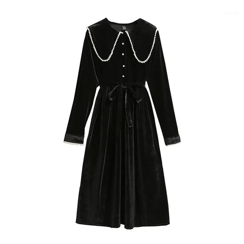 Casual Dresses VSUE Woman Elegant Black Velvet Long Sleeve Knee Length Dress A-line Pearl Solid Chic Vintage Turn Down Collar D2060