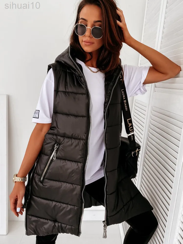 Sleeveless Vest Hooded Jacket Women Quilted Puffer Coat Cotton Padded Waistcoat Casual Streetwear Fashion Zipper Pocket Jacket L220730