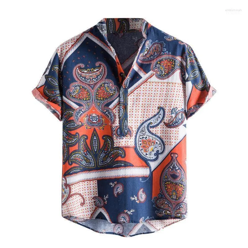 Männer Casual Hemden Hawaiian Shirt Für Männer Fasion Sommer Herren Ethnischen Stil Drucken Kurzarm Taste Bluse Baumwolle Stehkragen Eldd22