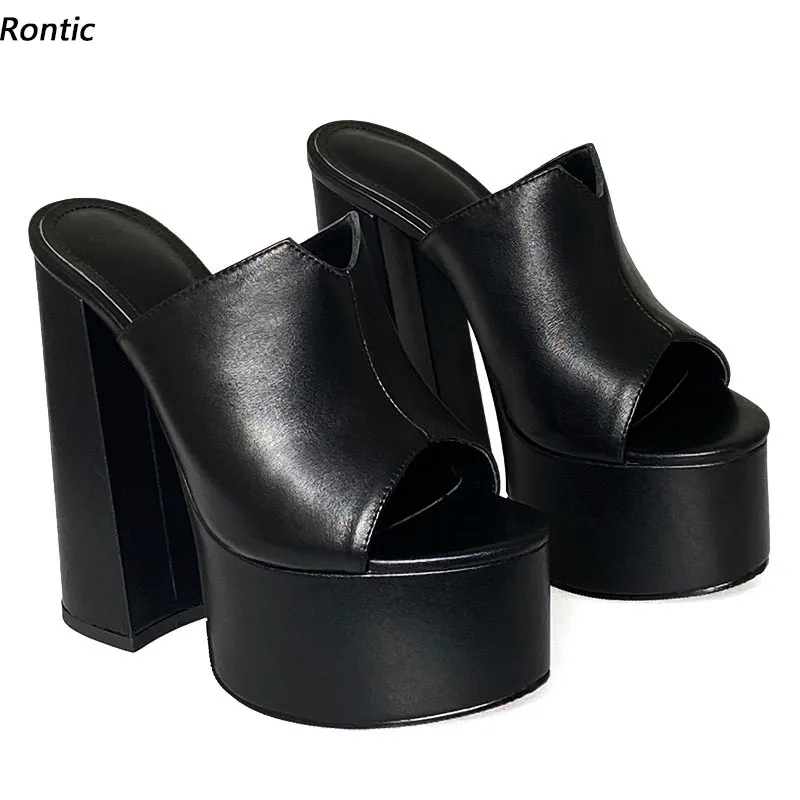 Rontic handgefertigte Damen-Plateau-Pantoletten-Sandalen aus echtem Leder, sexy Blockabsätze, Peep-Toe-Klassiker, schwarze Partyschuhe, US-Größe 4–9,5