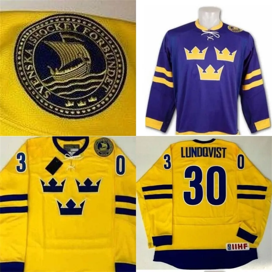 Mit Herren #30 Henrik Lundqvist Handbemaltes Schweden-Trikot Gelb Lila 100 % genähte Stickerei s Hockey-Trikots