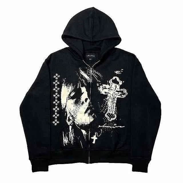 Nieuwe Zwarte Losse Rits Hoodie Mannen American Cross Head Print Straat Harajuku Oversized Sweatshirt Y2k Punk Japanse Paar Jas