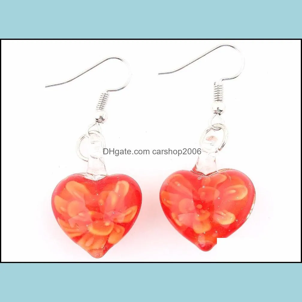 wholesale 6pairs earrings handmade murano lampwork glass mixed color women`s inner flower heart earring gift