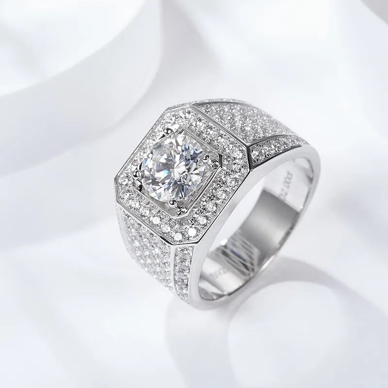 Studded Gemstone Round Moissanite Men Engagement Ring 925 Sterling