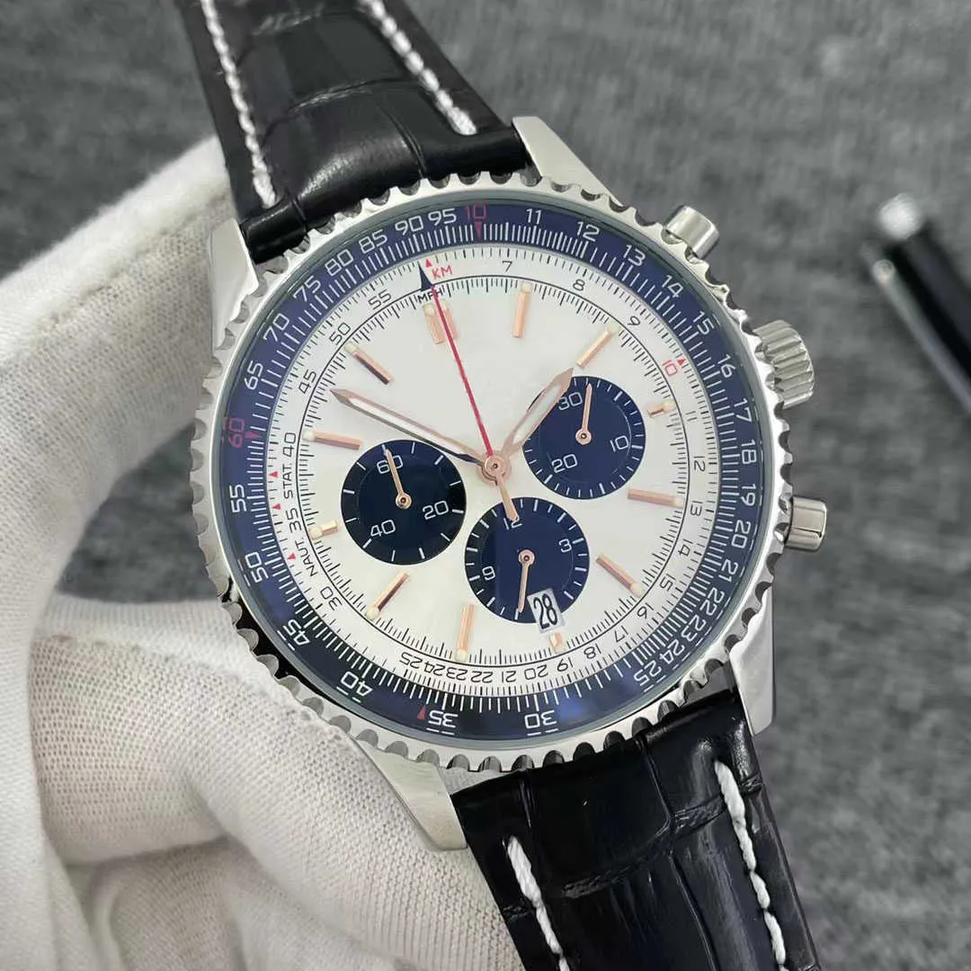 B01 46mm kvalitet navitimer titta på kronograf kvarts rörelse stål svart cirkel silver urtavla 50 -årsjubileum män titta läder remmar mens