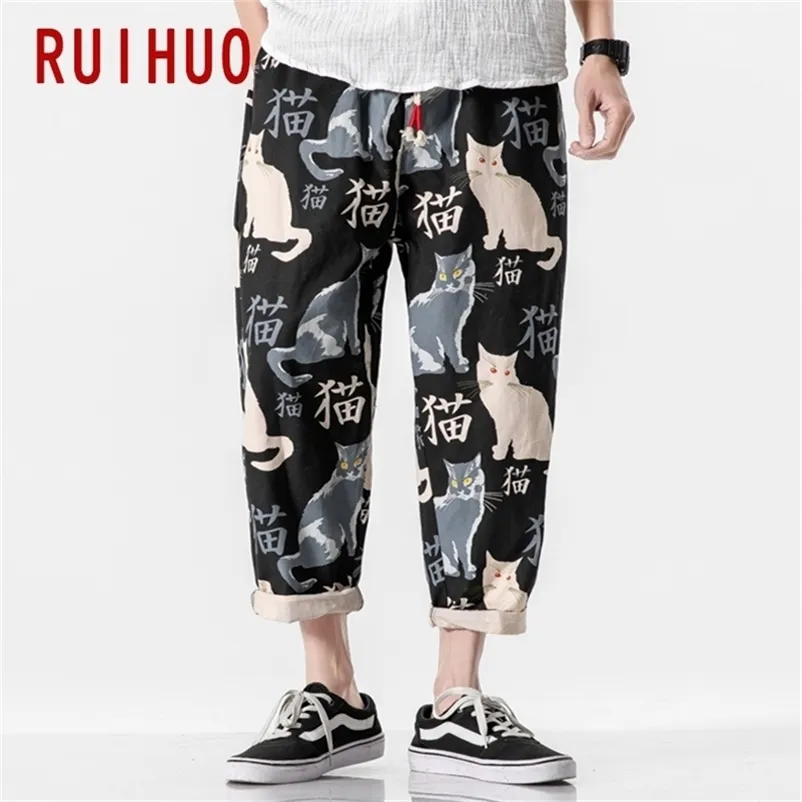 Ruihuo kedi baskı harem pantolon erkekler pantolonlar rahat bülbeli pantolon erkek ayak bileği uzunluk eşofmanları hip hop sokak kıyafeti m-5xl 220726