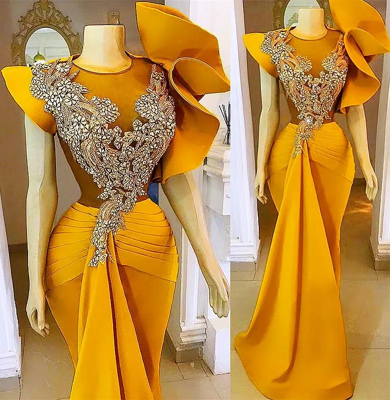 2022 Plus Size Arabic Aso Ebi Yellow Mermaid Stylish Prom Dresses Lace Beaded Crystals Evening Formal Party Second Reception Bridesmaid Gowns Dress PRO232